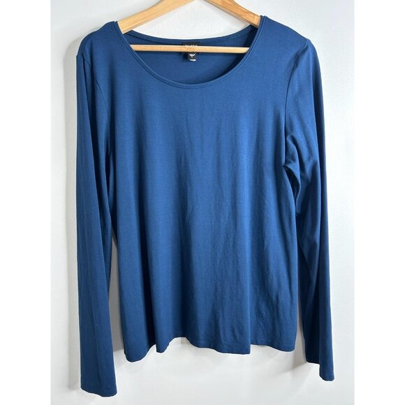 Eileen Fisher Shirt Womens Large Blue Long Sleeve Scoop Neck Stretch Jersey Knit - Picture 1 of 9